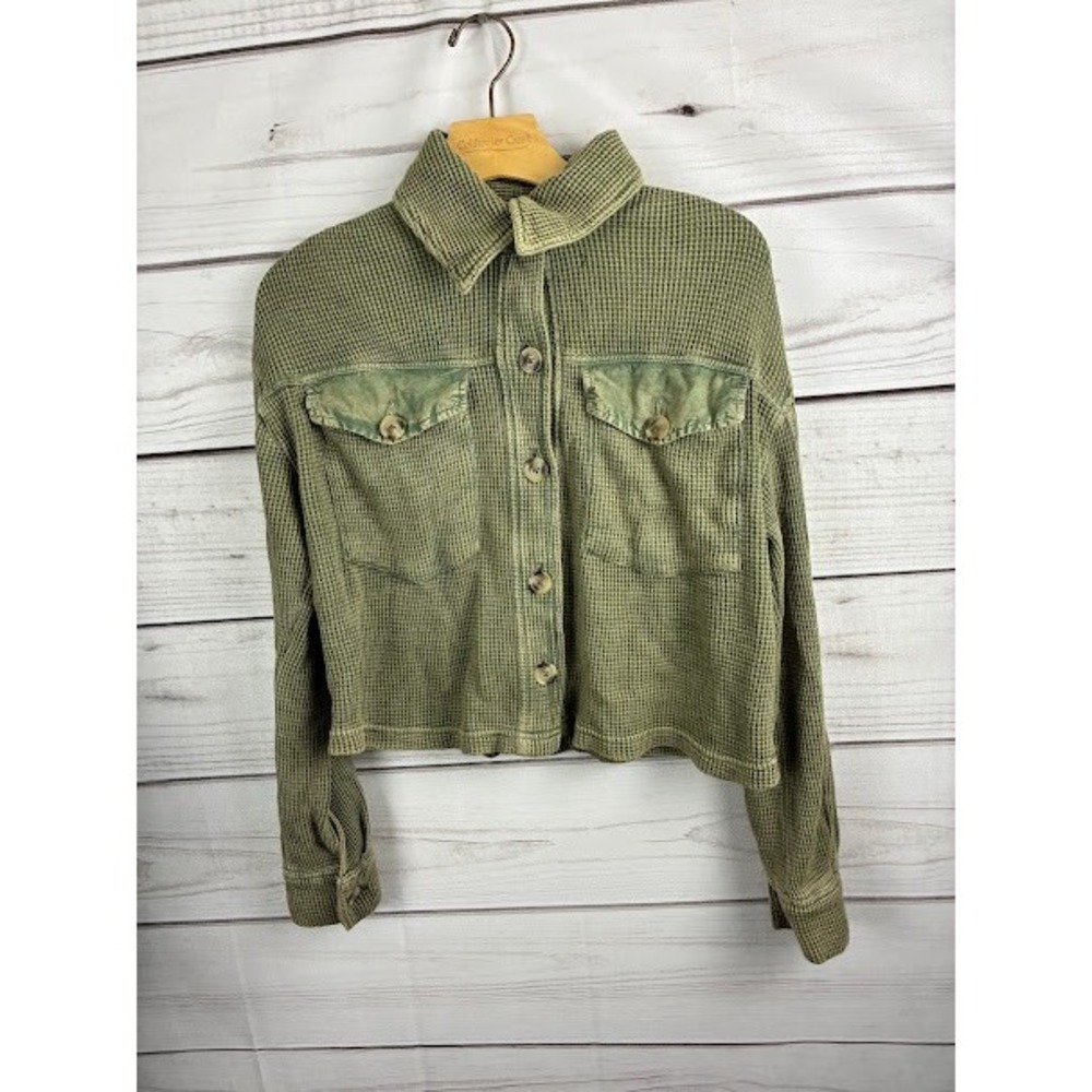 Bagatelle Collection Olive Green Waffle Knit Cropped Shacket Shirt Jacket Small - Picture 1 of 7